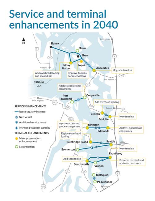 Map showing proposed service and terminal enhancements to be implemented over the next 20 years